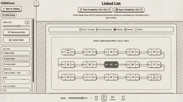 Captura de pantalla de DSAVision, visualizador de estructuras de datos y algoritmos